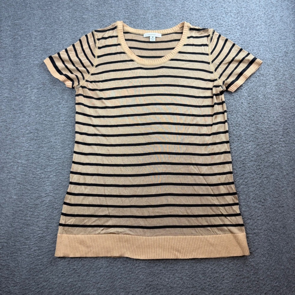 Isaac Mizrahi Live! Sweater Top Women's M Tan Black Striped Short Sleeve Knit